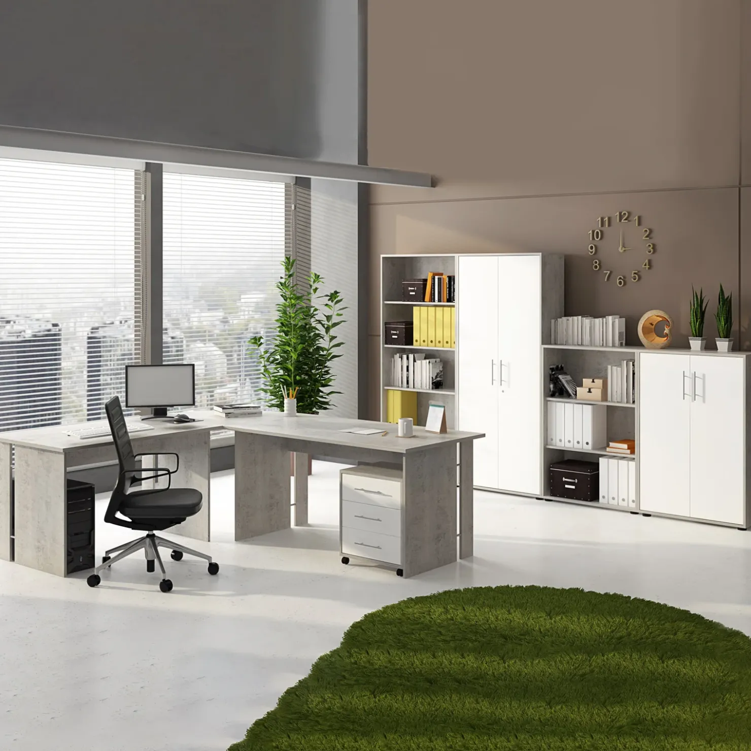 Garnero Arredamenti Scrivania ufficio angolare 228x198cm con cassettiera bianco cemento Woody Bianco Opaco - Cemento Online