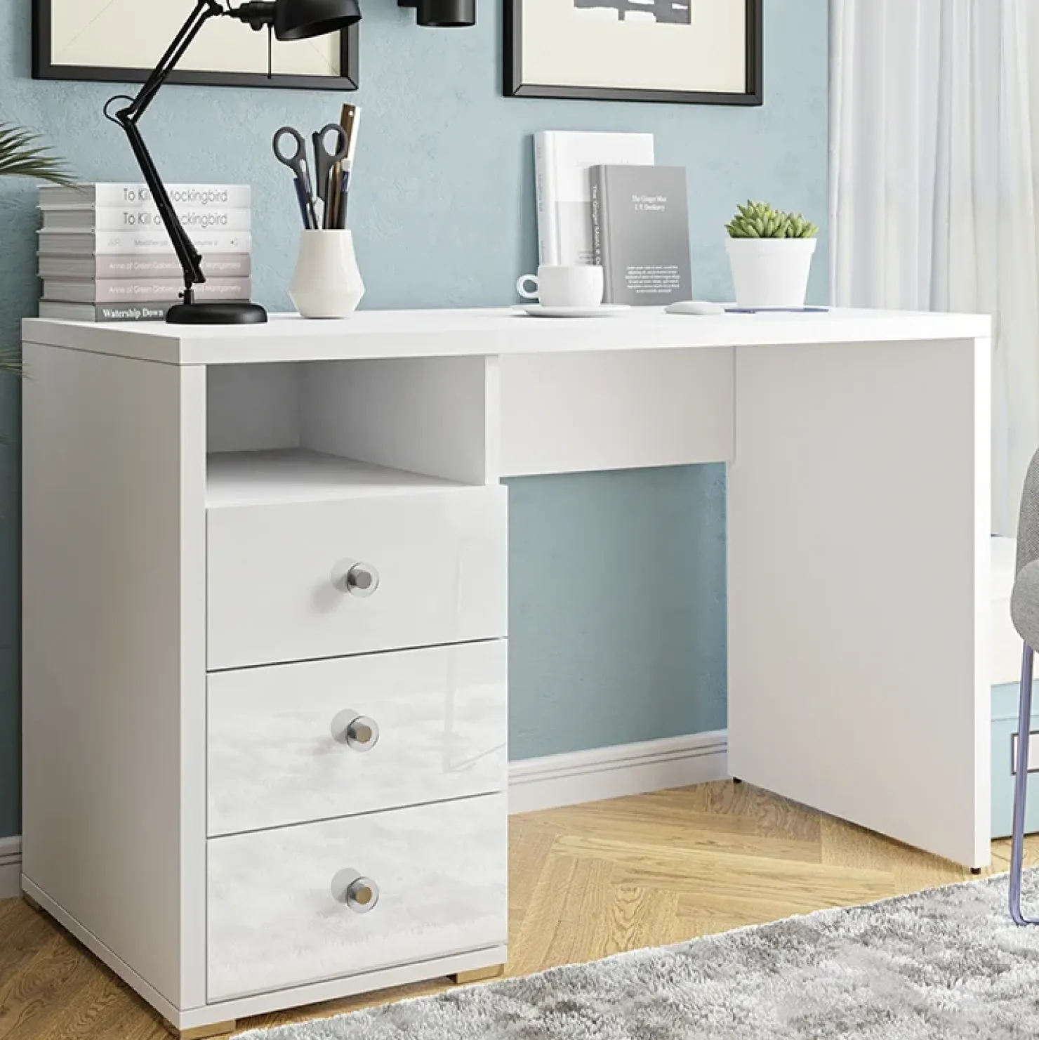 Garnero Arredamenti Scrivania ufficio moderna con cassetti 120x50cm bianco lucido Angus New