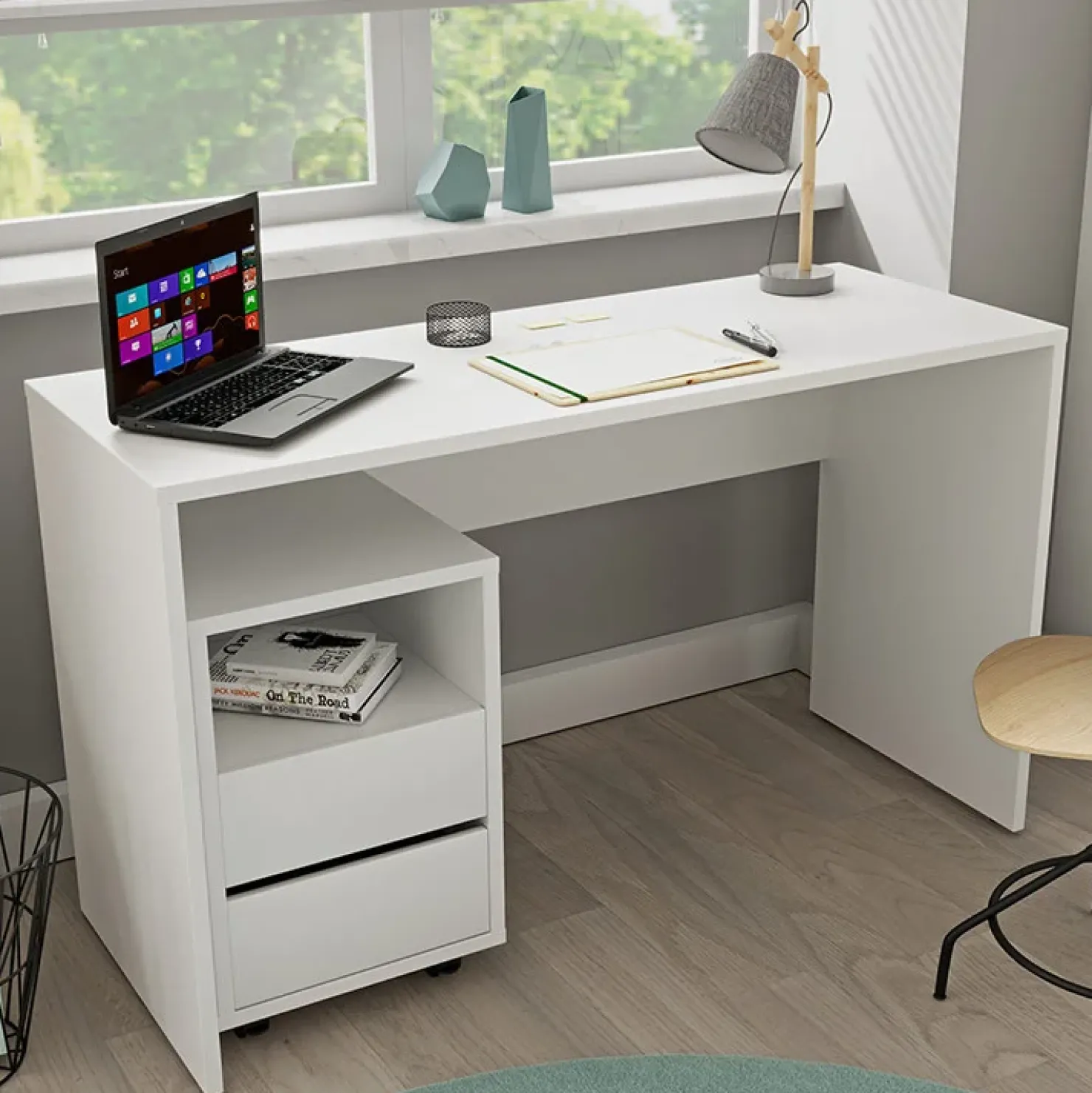 Garnero Arredamenti Scrivania ufficio moderna 130x50cm cassettiera Callum Bianco Opaco Discount