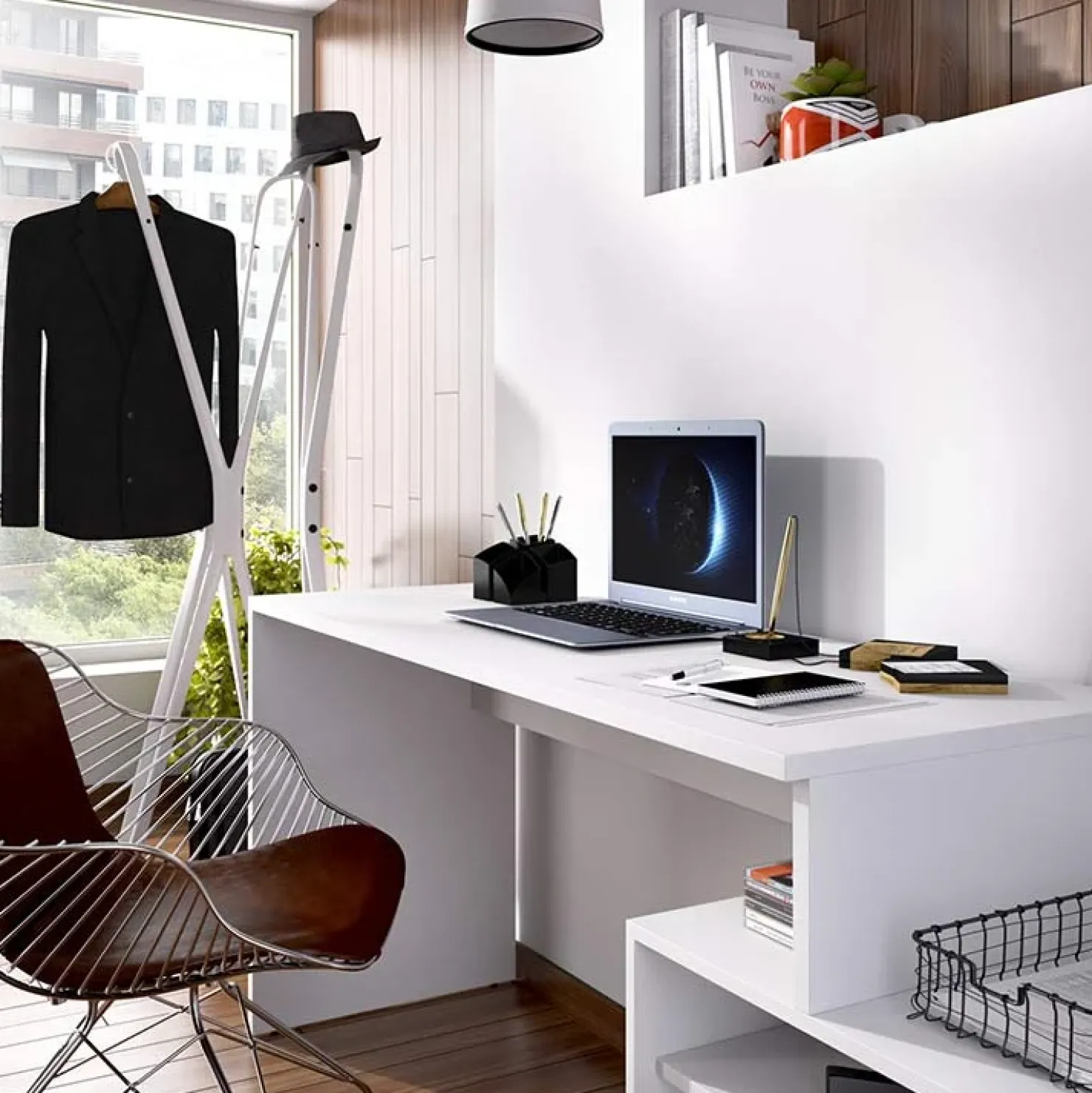 Garnero Arredamenti Scrivania ufficio salvaspazio moderna 230x51cm Teddy Bianco Opaco