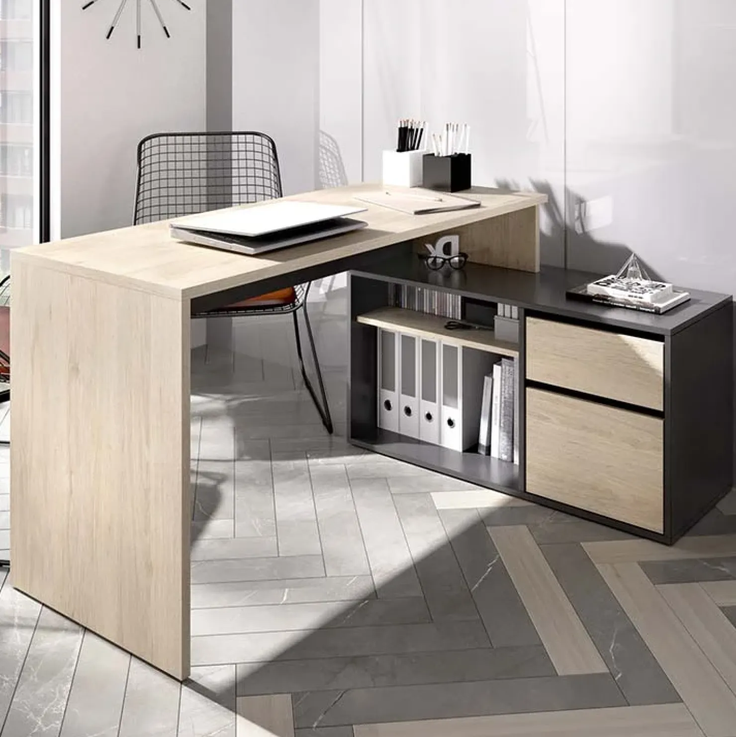 Garnero Arredamenti Scrivania ufficio salvaspazio 230x51cm rovere grafite Teddy Rovere - Grafite Best