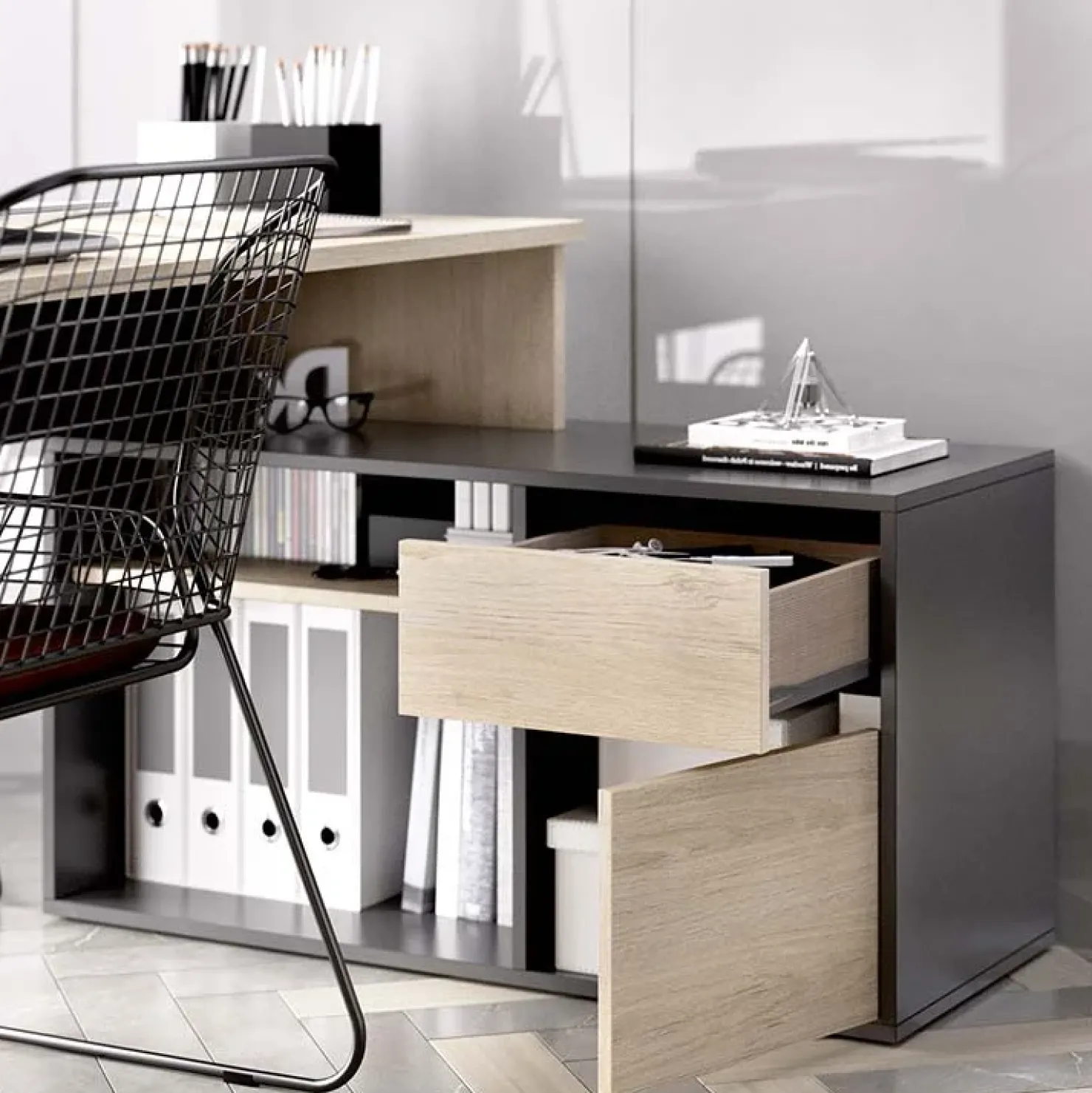 Garnero Arredamenti Scrivania ufficio salvaspazio 230x51cm rovere grafite Teddy Rovere - Grafite Best