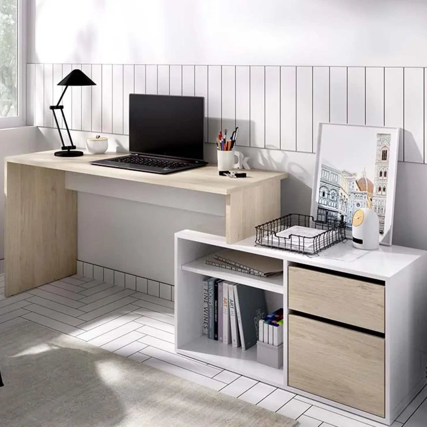 Garnero Arredamenti Scrivania ufficio salvaspazio 230x51cm rovere bianco lucido Teddy Rovere - Bianco Lucido Discount