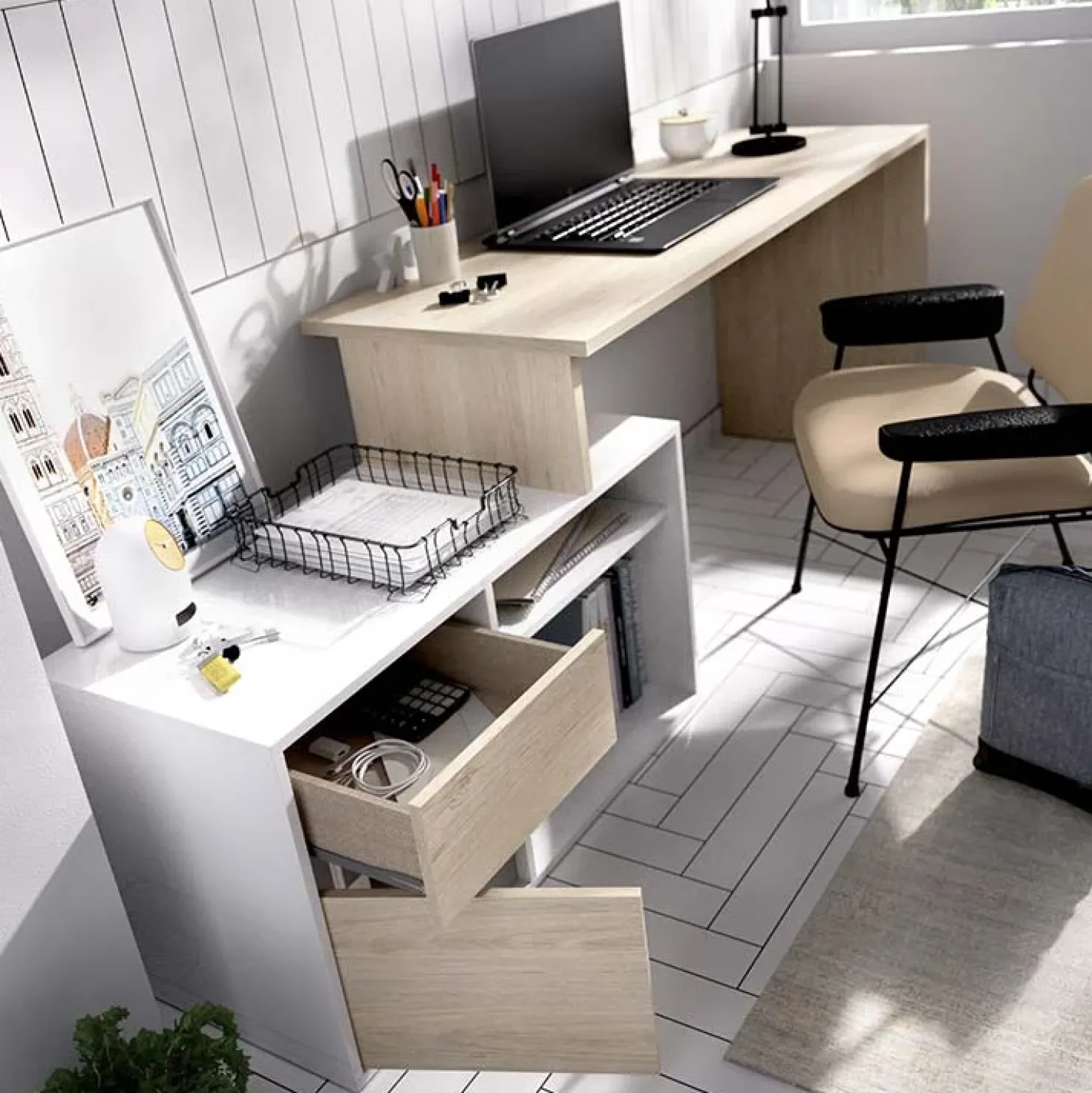 Garnero Arredamenti Scrivania ufficio salvaspazio 230x51cm rovere bianco lucido Teddy Rovere - Bianco Lucido Discount