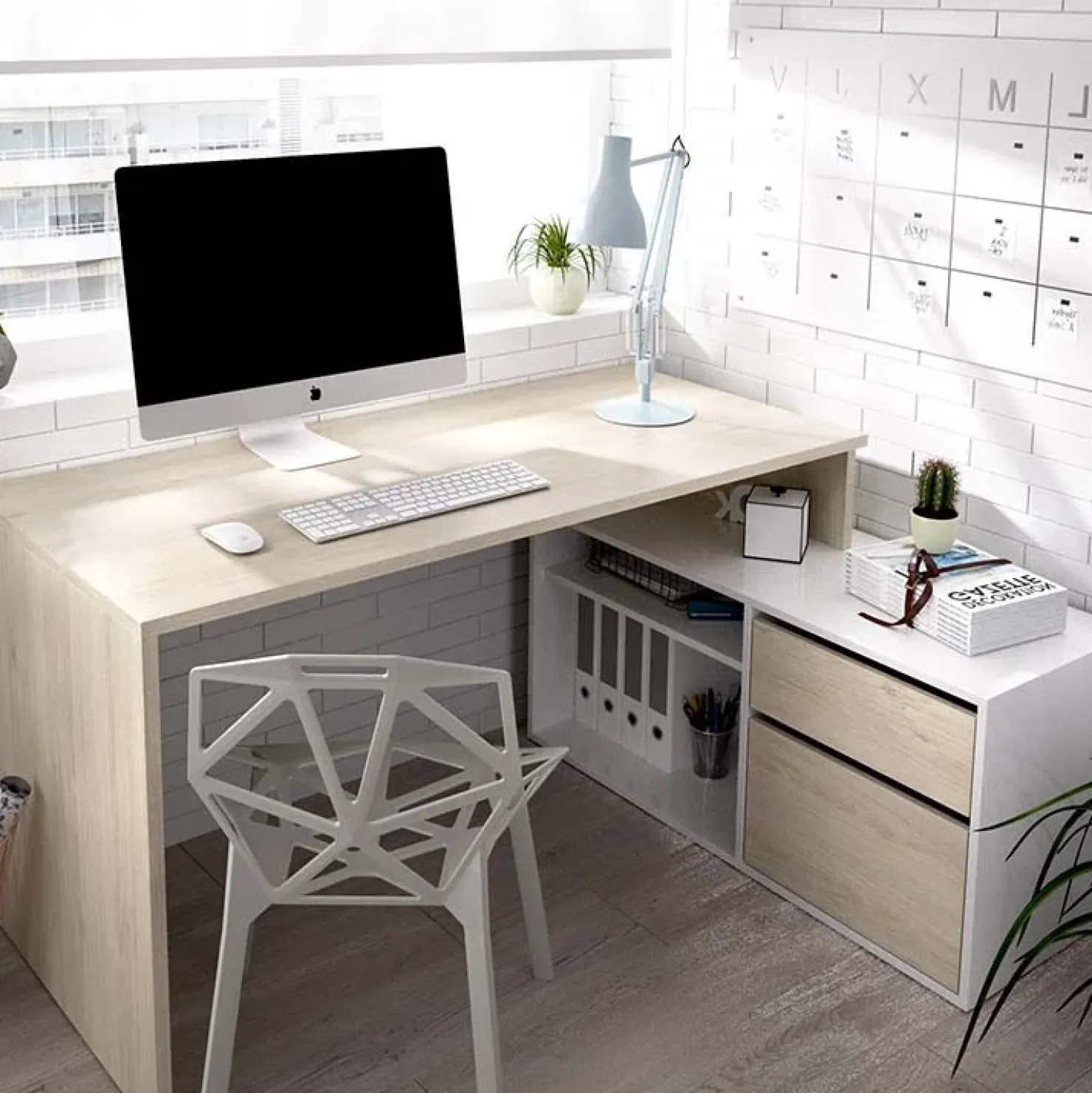 Garnero Arredamenti Scrivania ufficio salvaspazio 230x51cm rovere bianco lucido Teddy Rovere - Bianco Lucido Discount