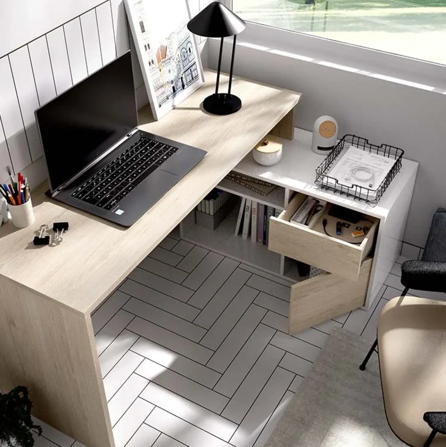 Garnero Arredamenti Scrivania ufficio salvaspazio 230x51cm rovere bianco lucido Teddy Rovere - Bianco Lucido Discount