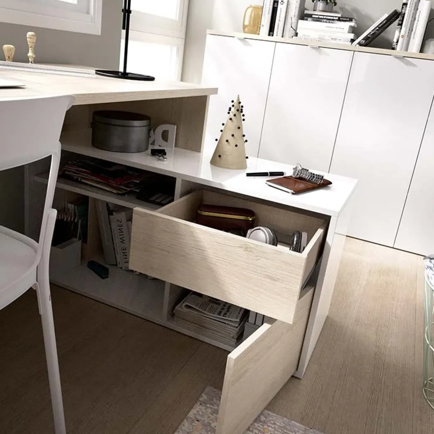 Garnero Arredamenti Scrivania ufficio salvaspazio 230x51cm rovere bianco lucido Teddy Rovere - Bianco Lucido Discount