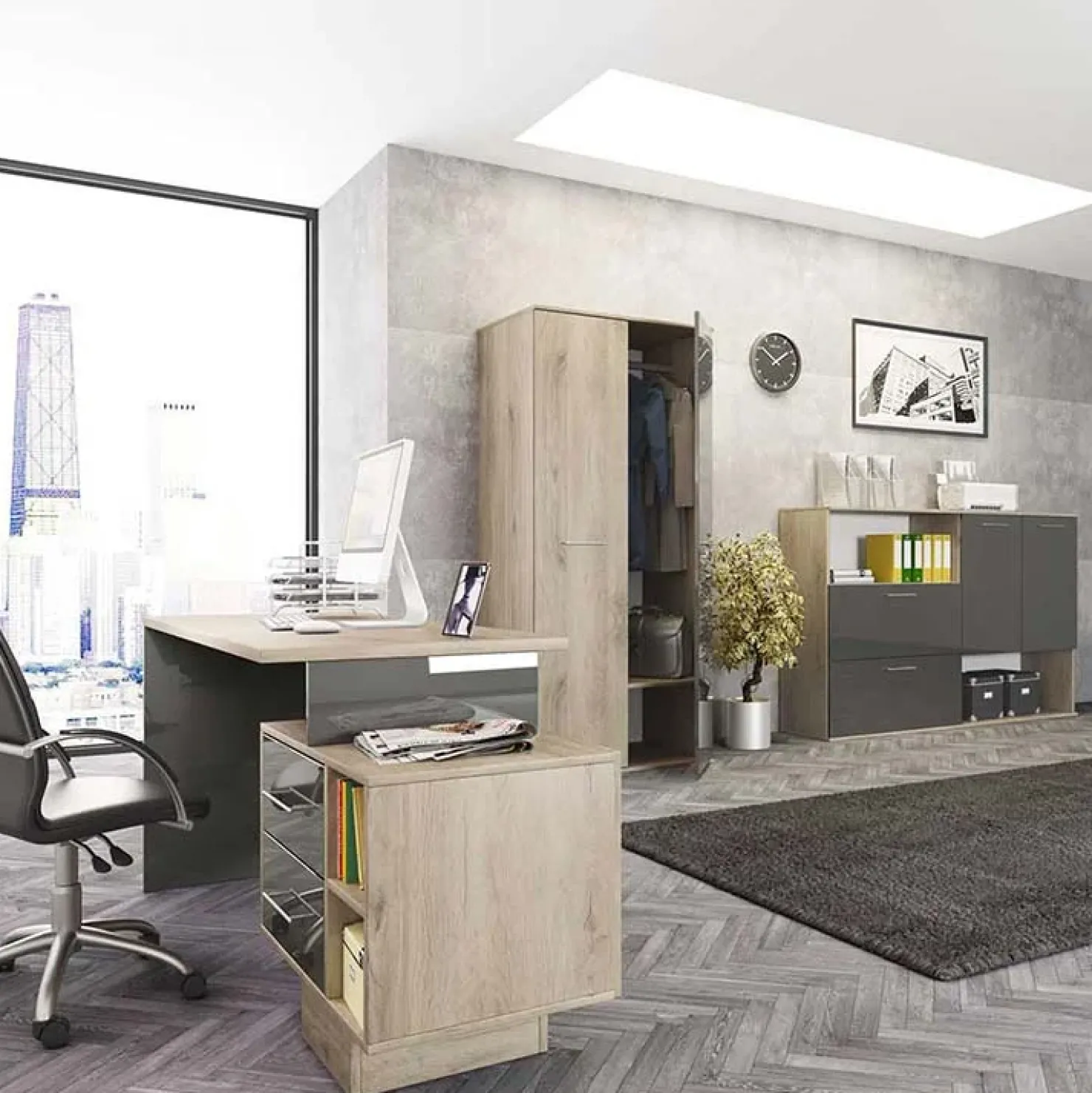 Garnero Arredamenti Scrivania ufficio 148x60cm con cassettiera rovere antracite lucido Time Y Online