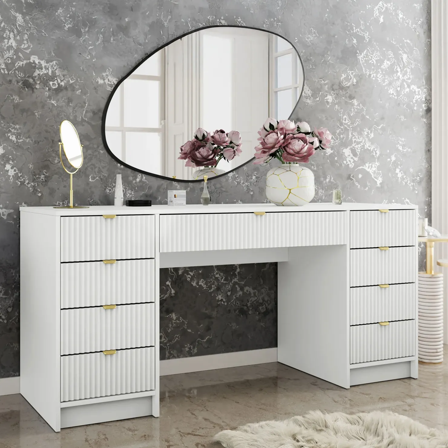 Garnero Arredamenti Scrivania 154x55cm con 9 cassetti cannettata Athena Bianco Clearance