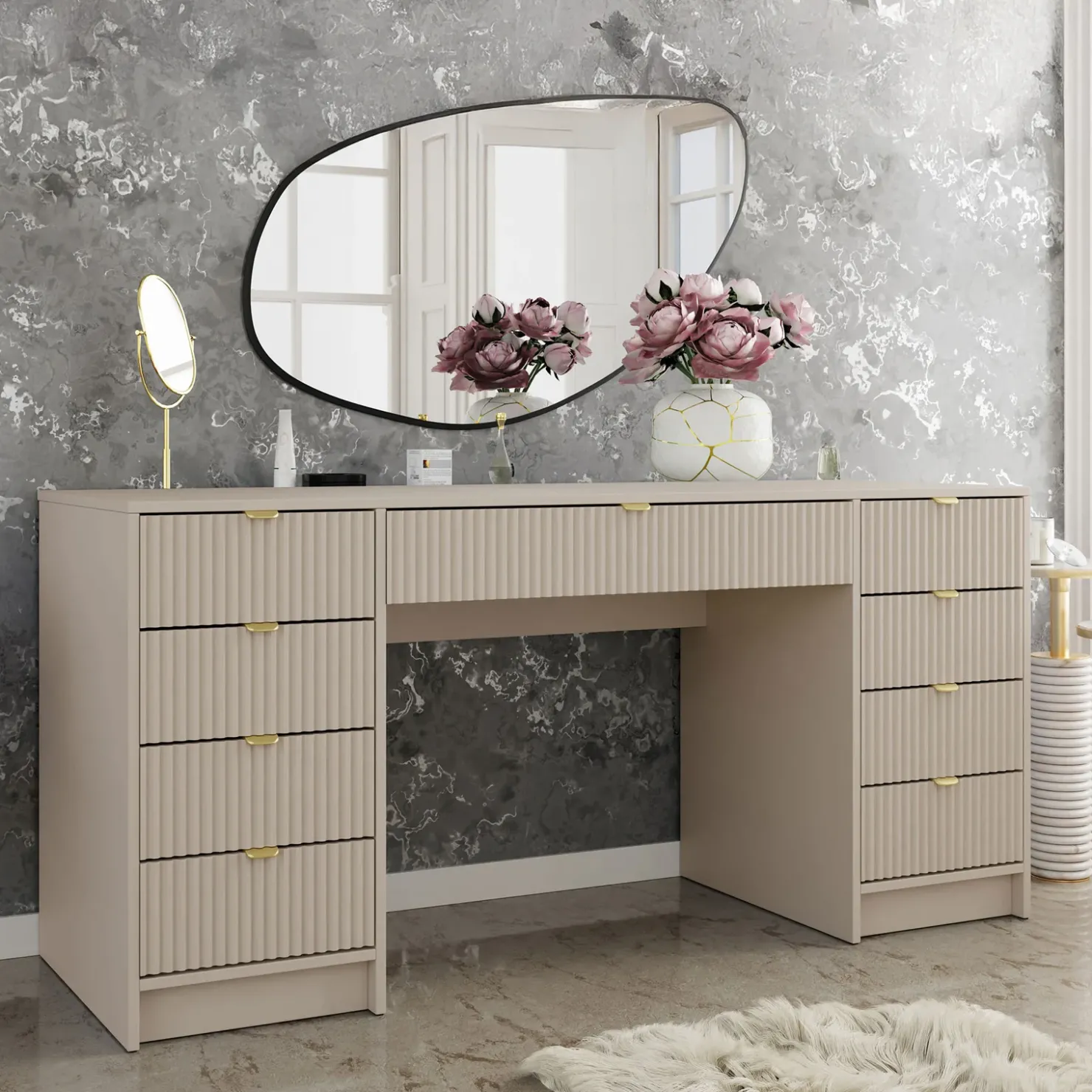 Garnero Arredamenti Scrivania 154x55cm con 9 cassetti cannettata Athena Beige Outlet