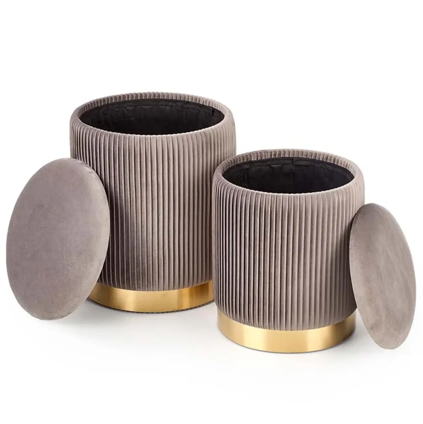 Garnero Arredamenti Set 2 pouf rotondi contenitore in velluto acciaio cromato oro Cubal Grigio - Oro Outlet
