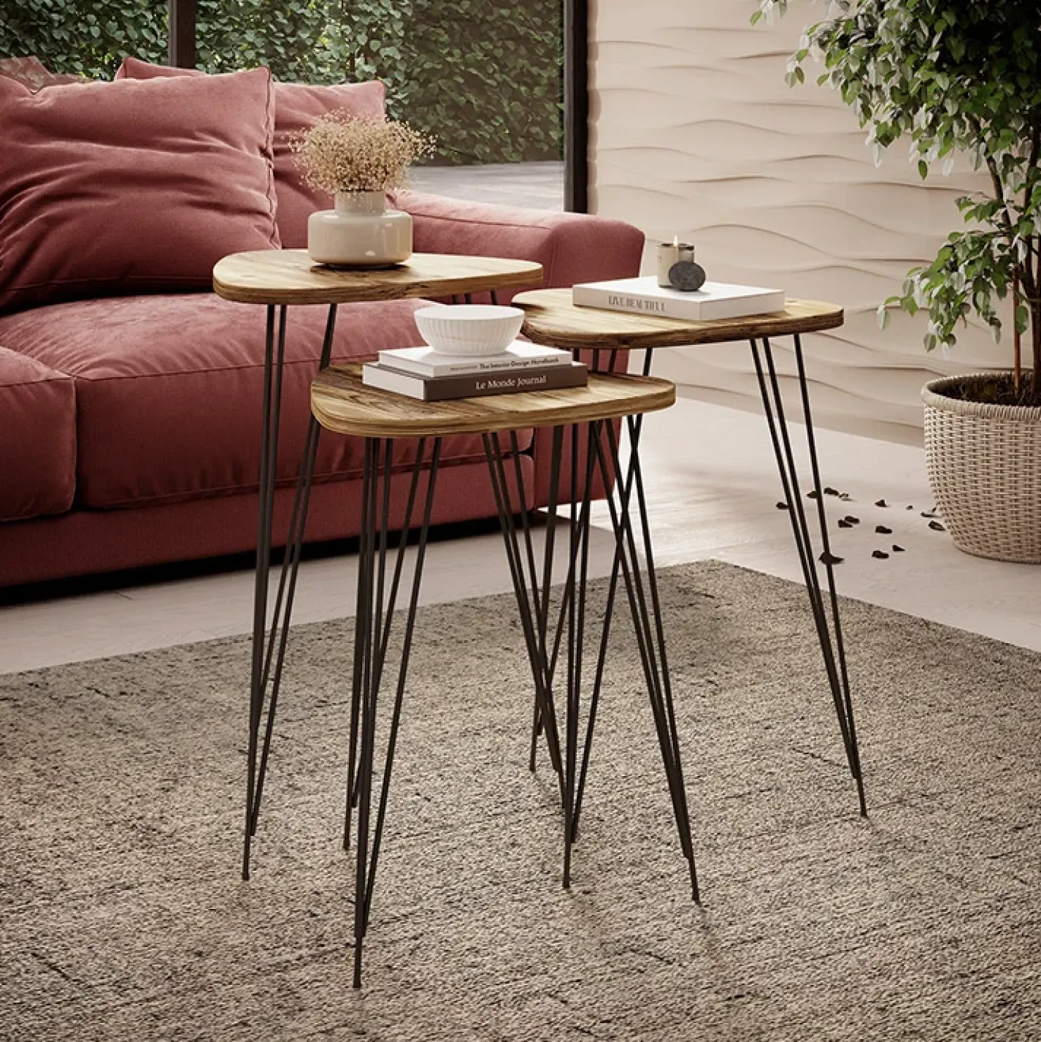 Garnero Arredamenti Set 3 tavolini da salotto industrial rovere metallo Agnes New