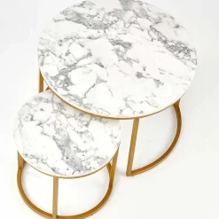 Garnero Arredamenti Set 2 tavolini rotondi da salotto effetto marmo bianco oro Lepi Online