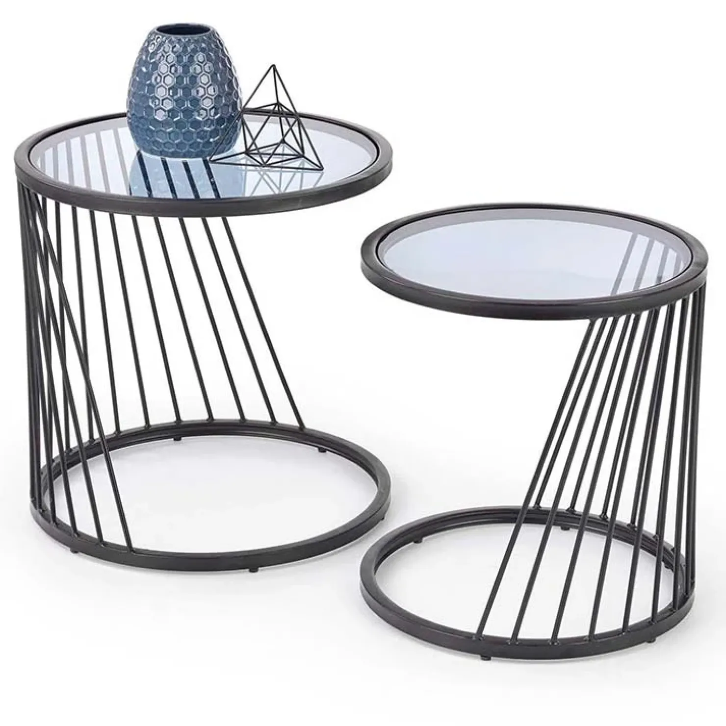 Garnero Arredamenti Set 2 tavolini 40x30cm da salotto rotondi vetro fumè acciaio nero Foglia Best