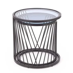 Garnero Arredamenti Set 2 tavolini 40x30cm da salotto rotondi vetro fumè acciaio nero Foglia Best