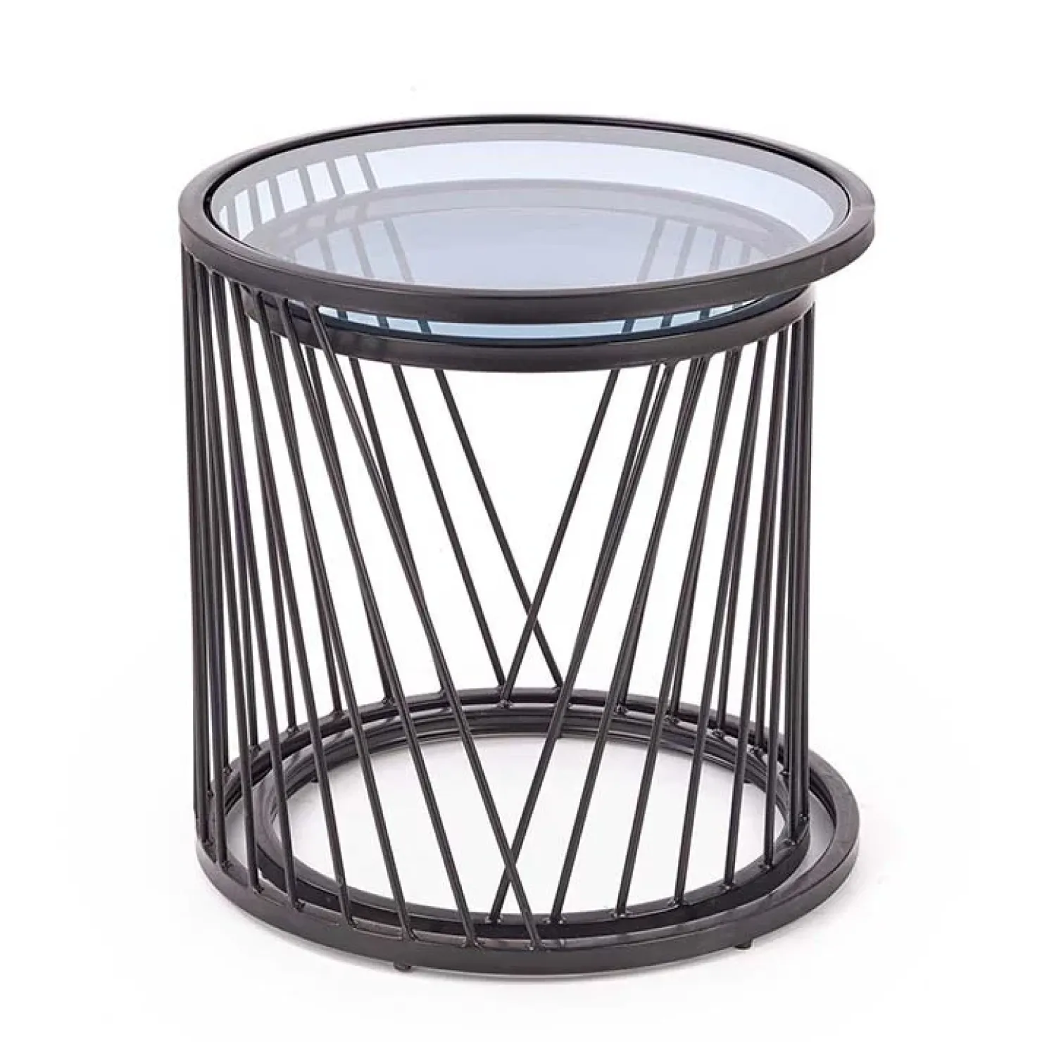 Garnero Arredamenti Set 2 tavolini 40x30cm da salotto rotondi vetro fumè acciaio nero Foglia Best