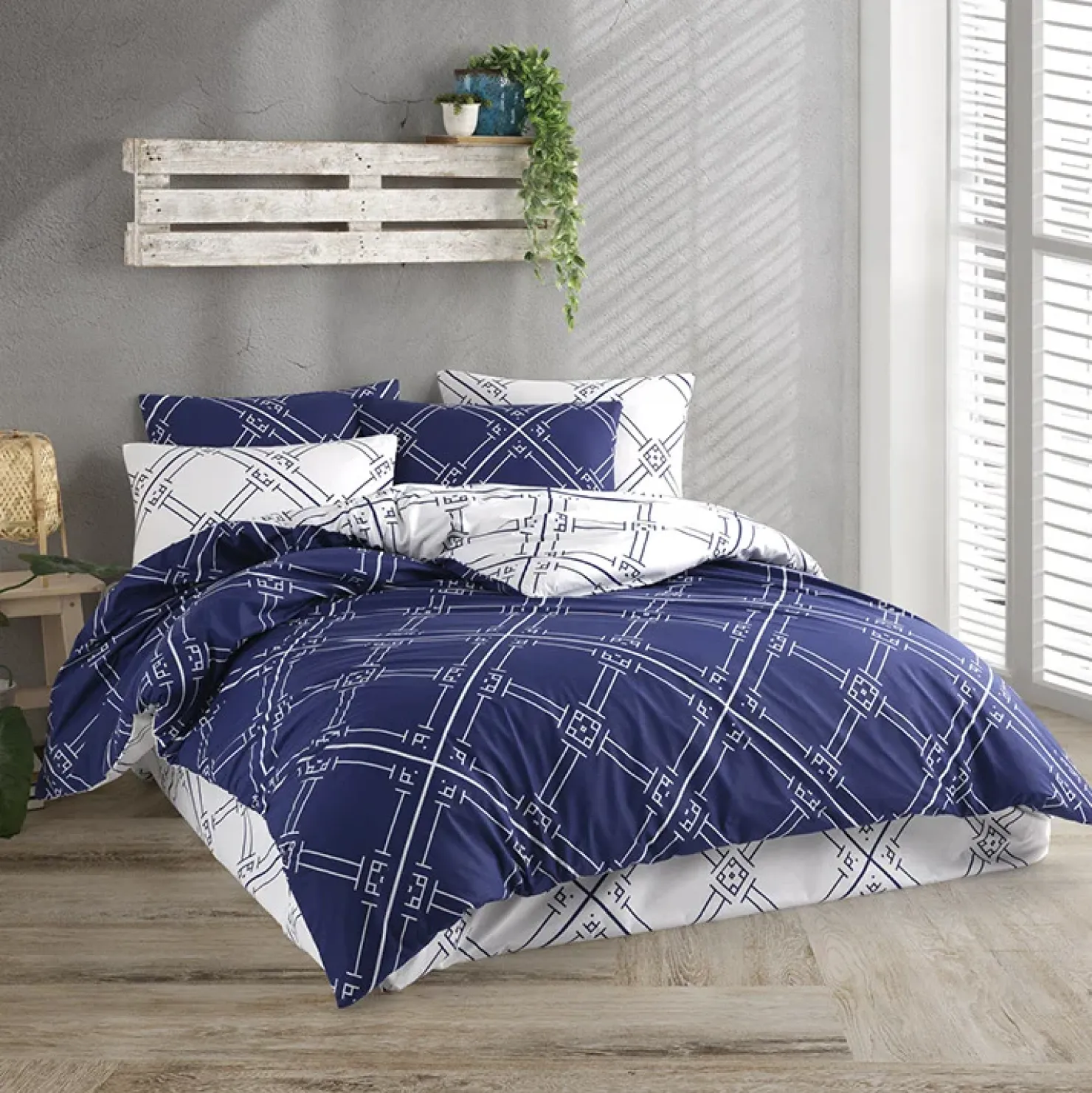 Garnero Arredamenti Set copripiumino matrimoniale e federe a quadri 220x240cm bianco blu Rosalin Outlet