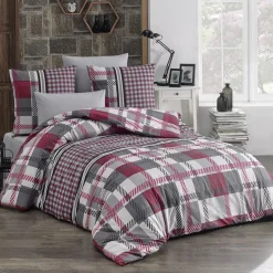 Garnero Arredamenti Set copripiumino matrimoniale e federe a quadretti 220x240cm rosso grigio Doroty New