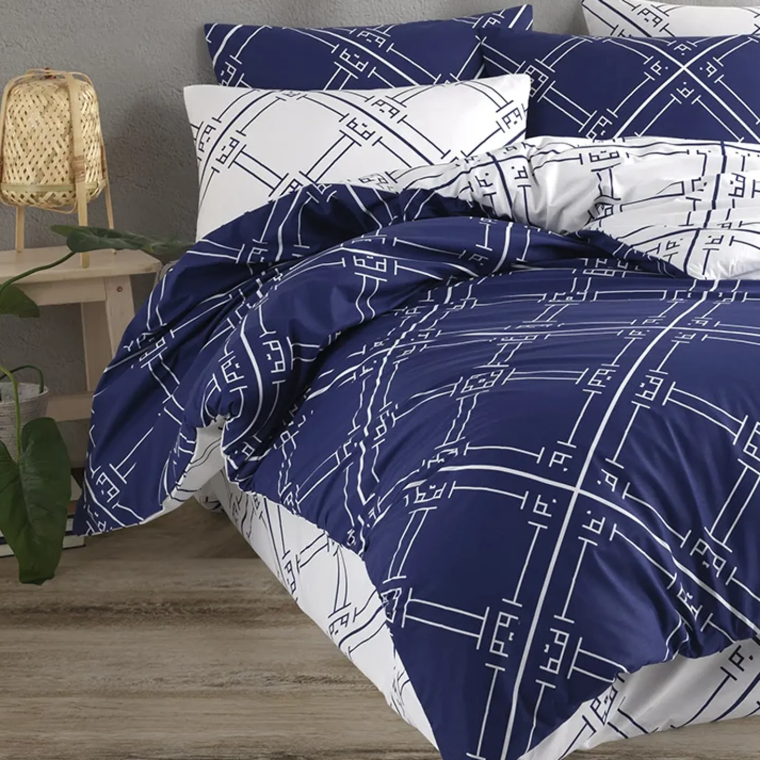 Garnero Arredamenti Set copripiumino singolo e federa a quadri 140x200cm bianco blu Rosalin