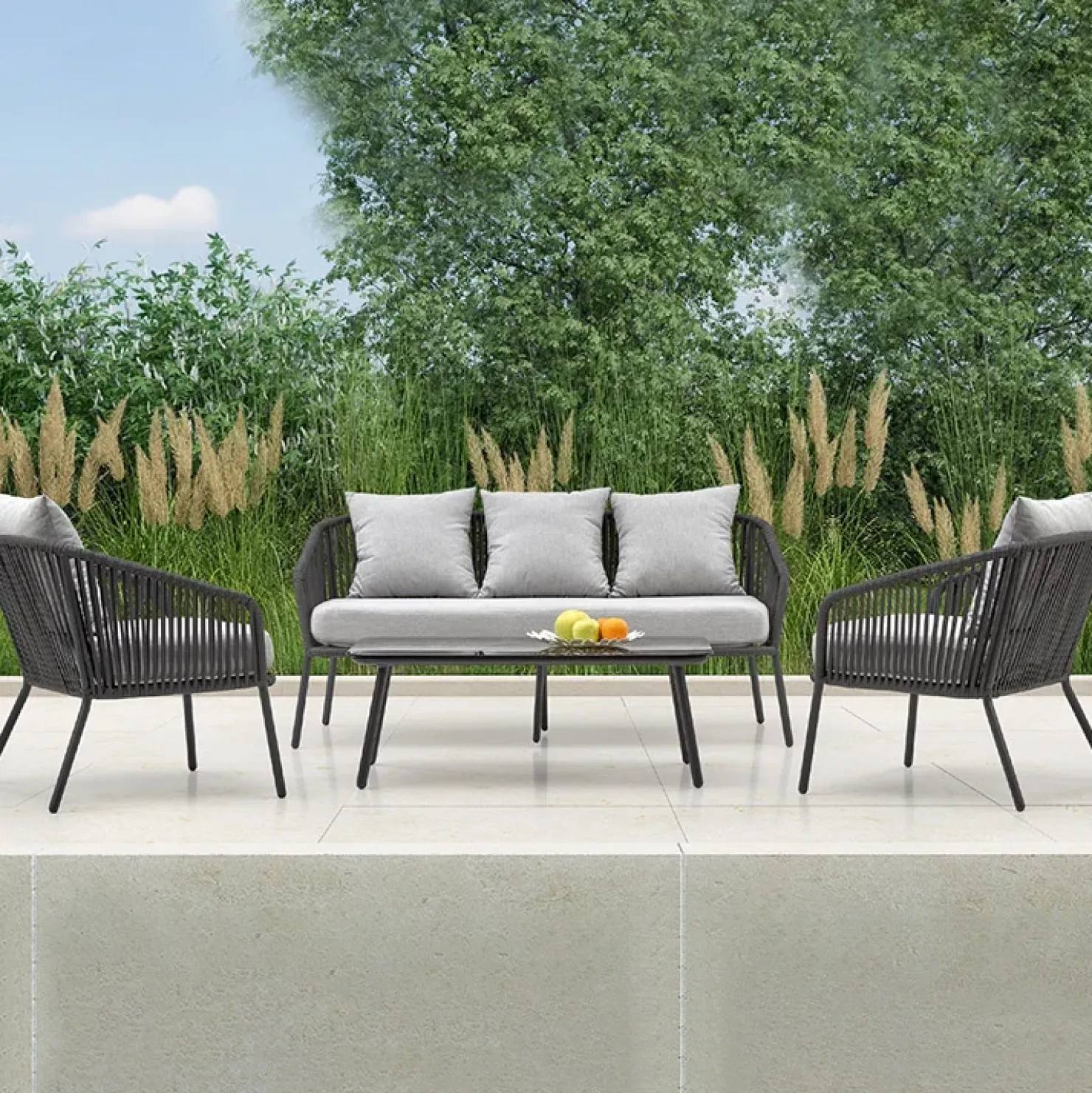 Garnero Arredamenti Set da giardino divano, poltrona, tavolino in vetro grigio Dalian Online