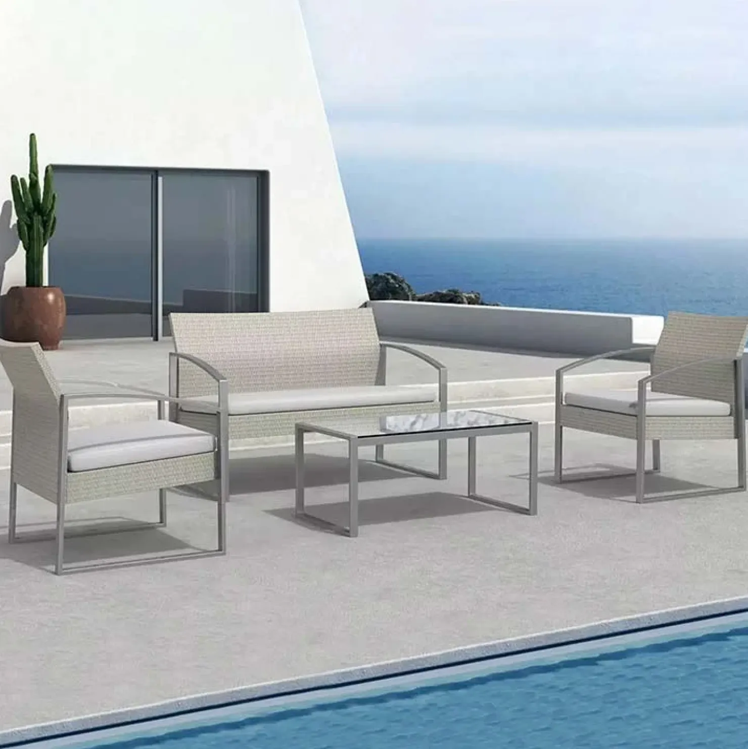 Garnero Arredamenti Set giardino 2 poltrone, divano e tavolino in rattan Luca Bianco