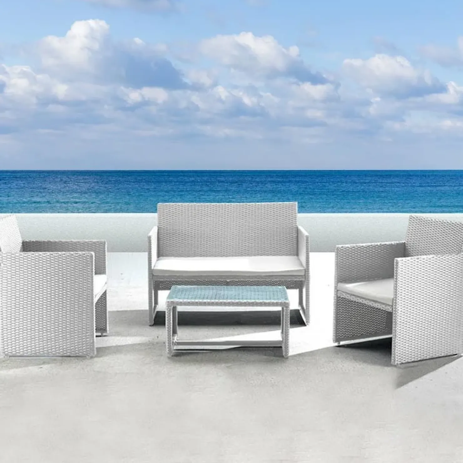 Garnero Arredamenti Set giardino 2 poltrone, divano e tavolino in rattan Mara Bianco Best