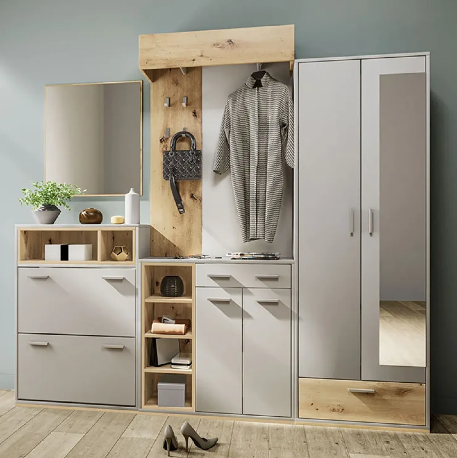 Garnero Arredamenti Set mobili ingresso 240x201h cm rovere naturale beige satinato Kenya Clearance