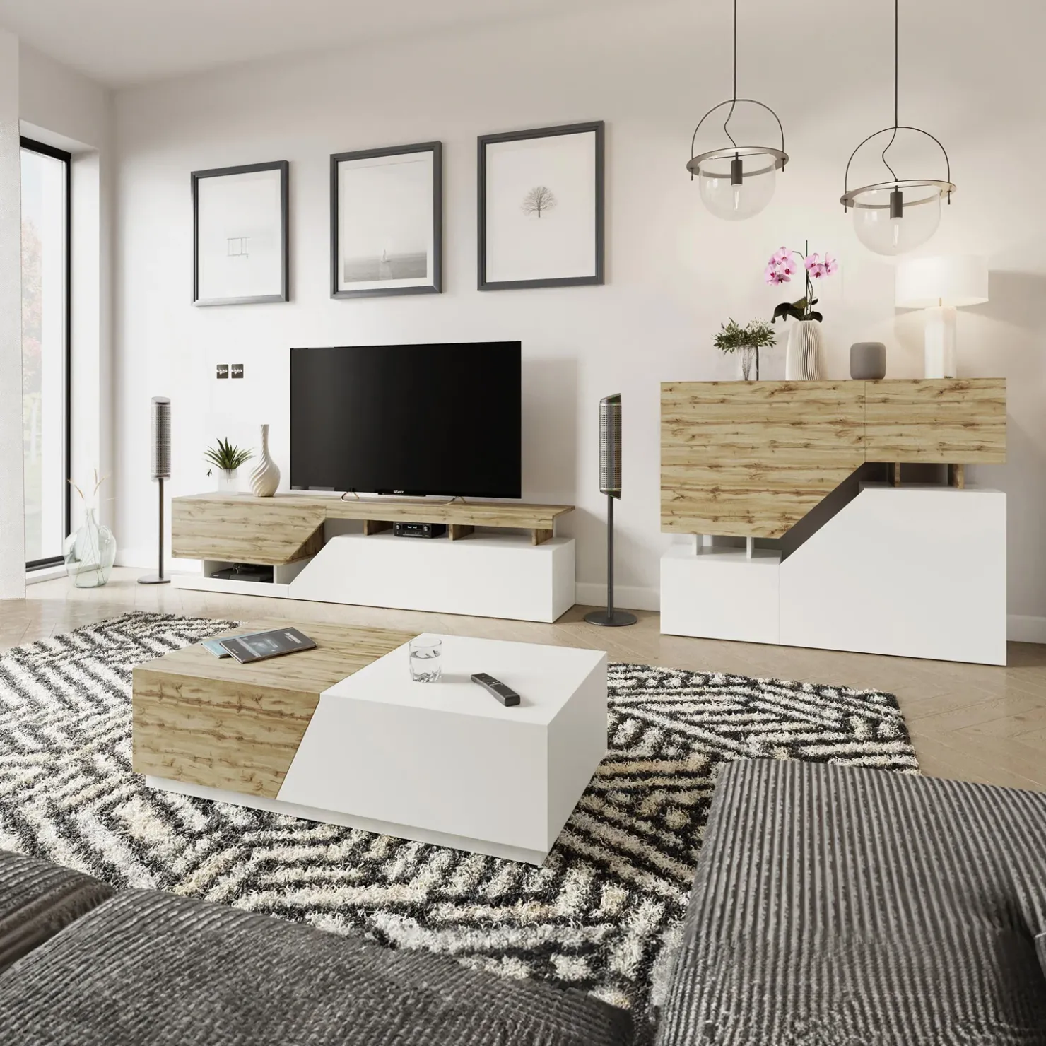 Garnero Arredamenti Set mobili soggiorno completo rovere bianco Modesta Bianco Opaco - Rovere Sale