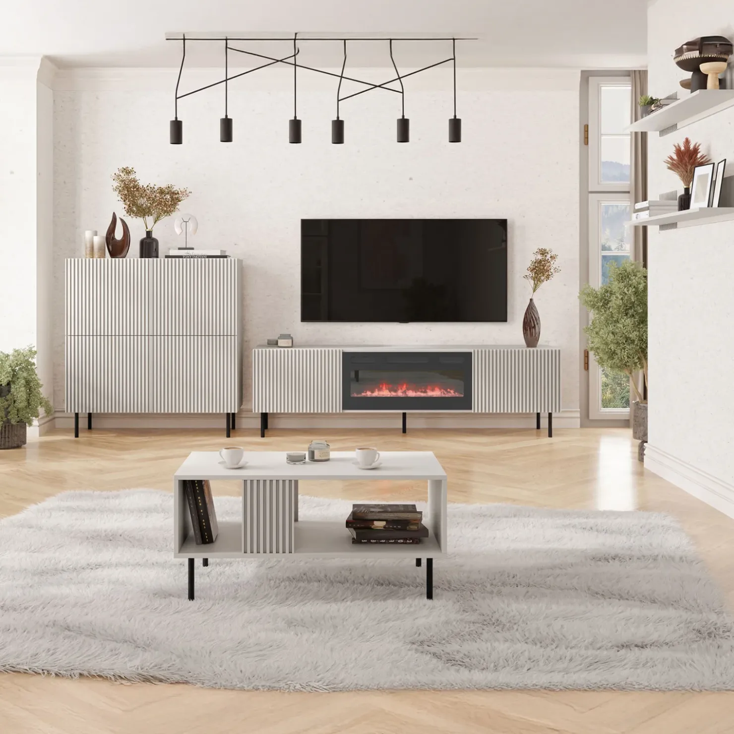 Garnero Arredamenti Set mobili soggiorno completo con frontali cannettati beige Ziggy 5 New