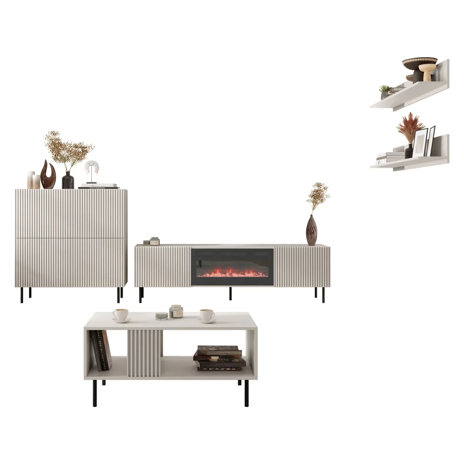 Garnero Arredamenti Set mobili soggiorno completo con frontali cannettati beige Ziggy 5 New