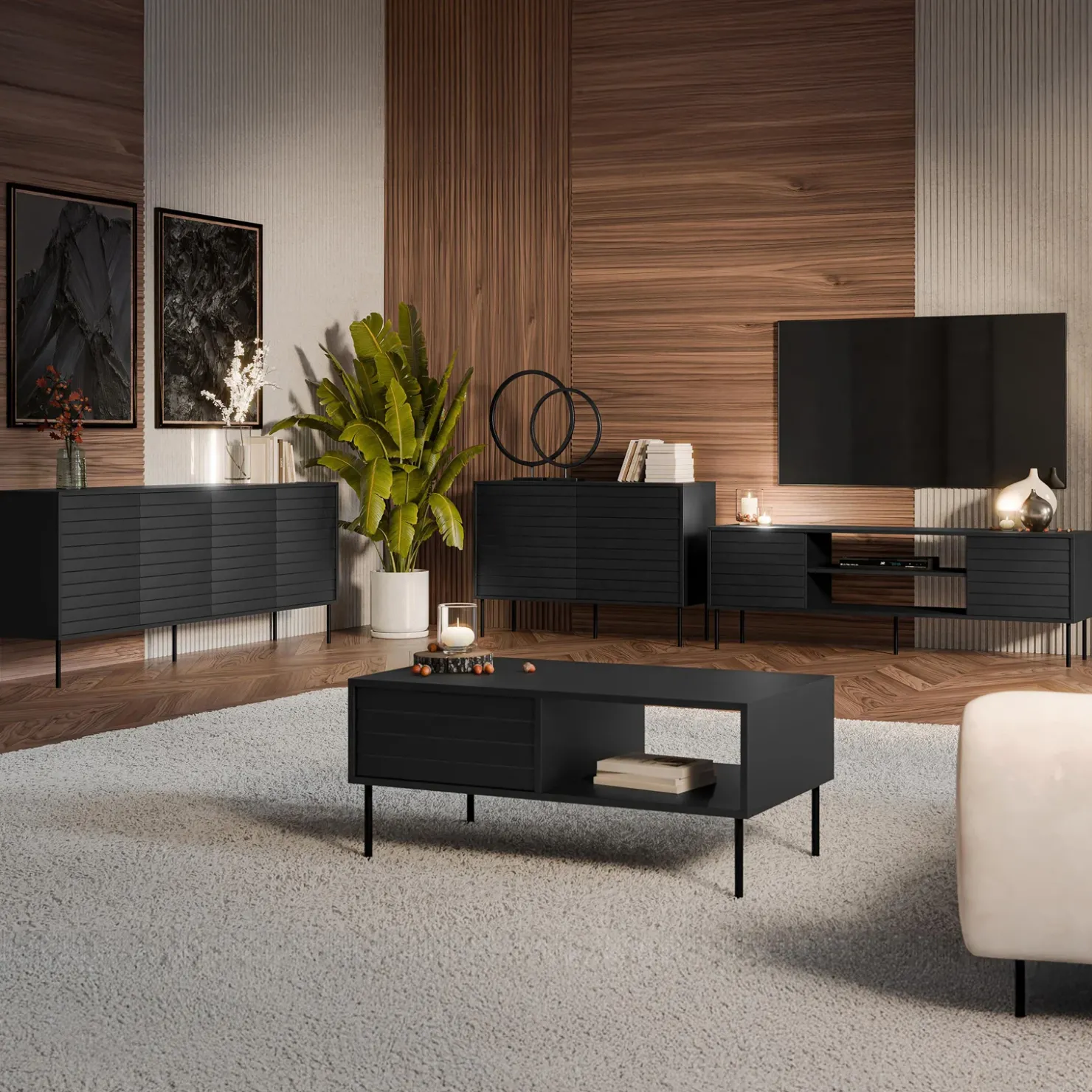 Garnero Arredamenti Set mobili soggiorno completo moderno nero Wild 2 Nero Opaco Discount