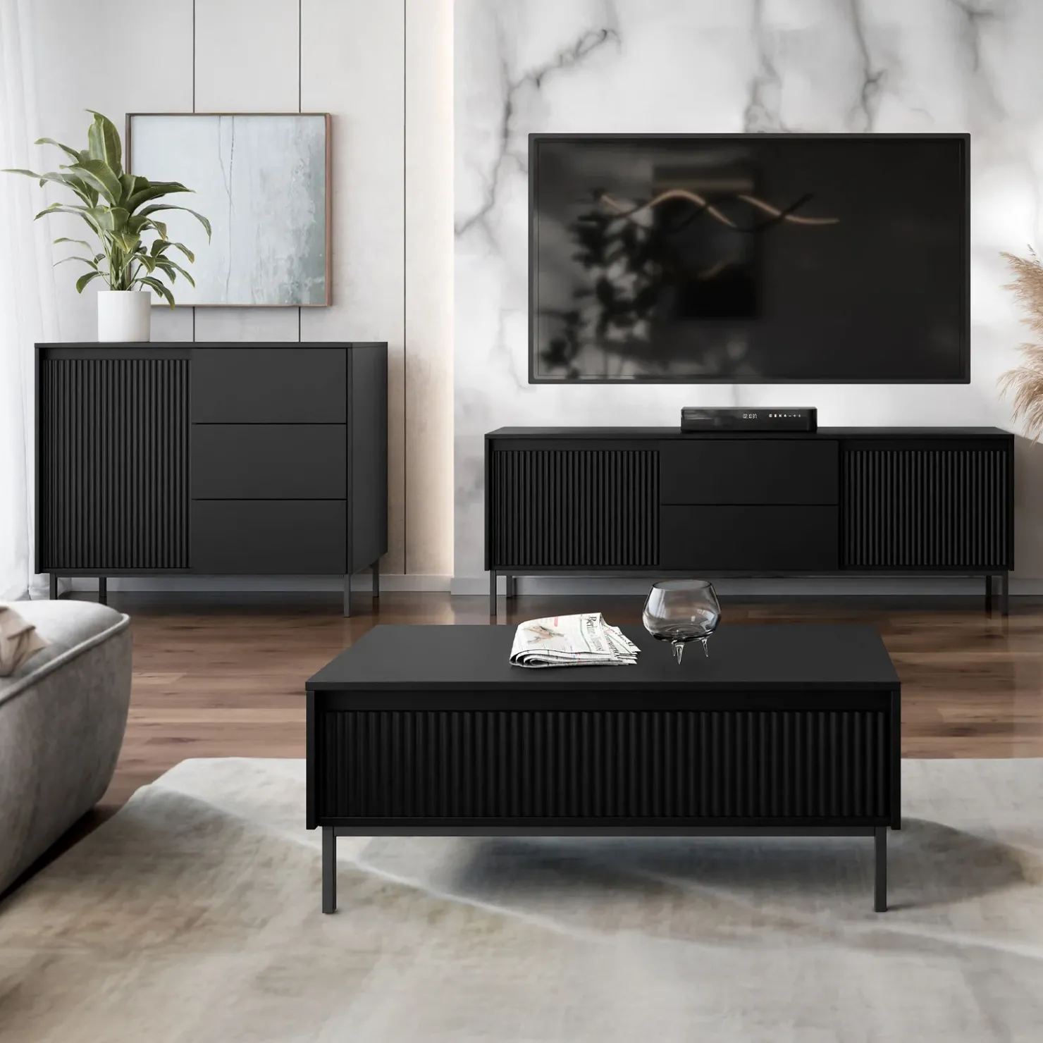 Garnero Arredamenti Set mobili soggiorno completo design cannettato nero Strike 2 Nero Opaco Clearance