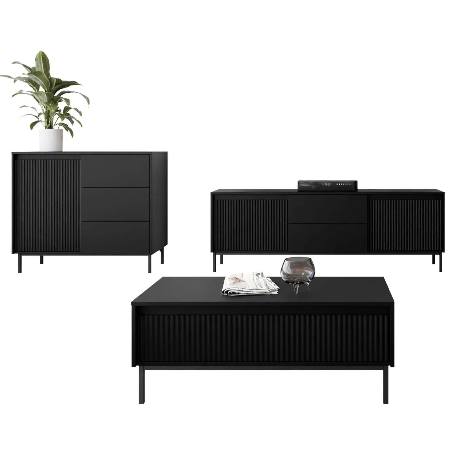 Garnero Arredamenti Set mobili soggiorno completo design cannettato nero Strike 2 Nero Opaco Clearance