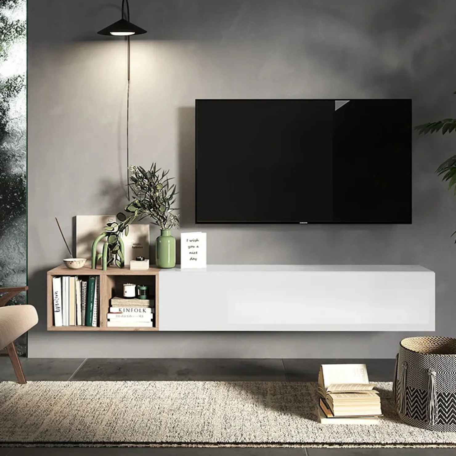 Garnero Arredamenti Set pensili 194x29h cm 1 anta 2 cubotti bianco lucido rovere chiaro Sunset 49 Bianco Lucido - Rovere Clearance