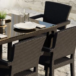 Garnero Arredamenti Set tavolo da giardino esterno bar dehors 150x90cm + 6 sedie con braccioli effetto rattan marrone Bora Outlet