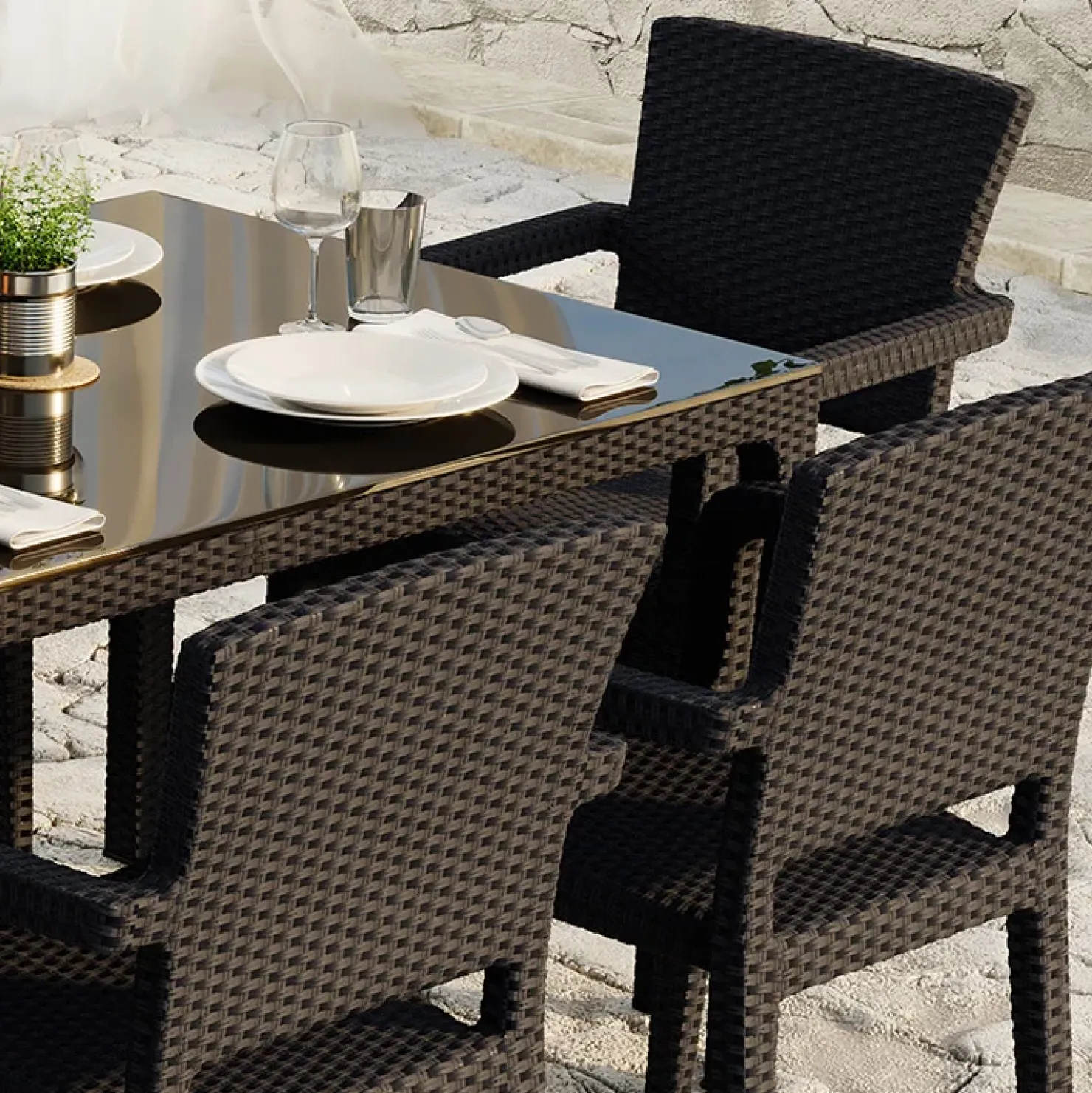 Garnero Arredamenti Set tavolo da giardino esterno bar dehors 150x90cm + 6 sedie con braccioli effetto rattan marrone Bora Outlet