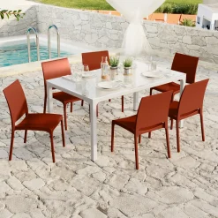 Garnero Arredamenti Set tavolo da giardino esterno dehors con vetro 150x90 cm bianco + 6 sedie rosso mattone Ivy Bianco - Rosso New