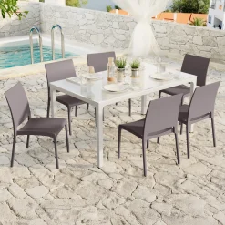 Garnero Arredamenti Set tavolo da giardino esterno dehors con vetro 150x90 cm bianco + 6 sedie grigio tortora Ivy Bianco - Tortora