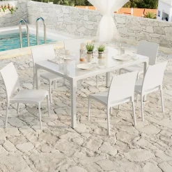 Garnero Arredamenti Set tavolo da giardino esterno dehors con vetro 150x90 cm bianco + 6 sedie bianco Ivy Bianco - Bianco Best