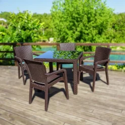 Garnero Arredamenti Set tavolo da giardino esterno dehors 90x90cm + 4 sedie effetto rattan marrone Solas
