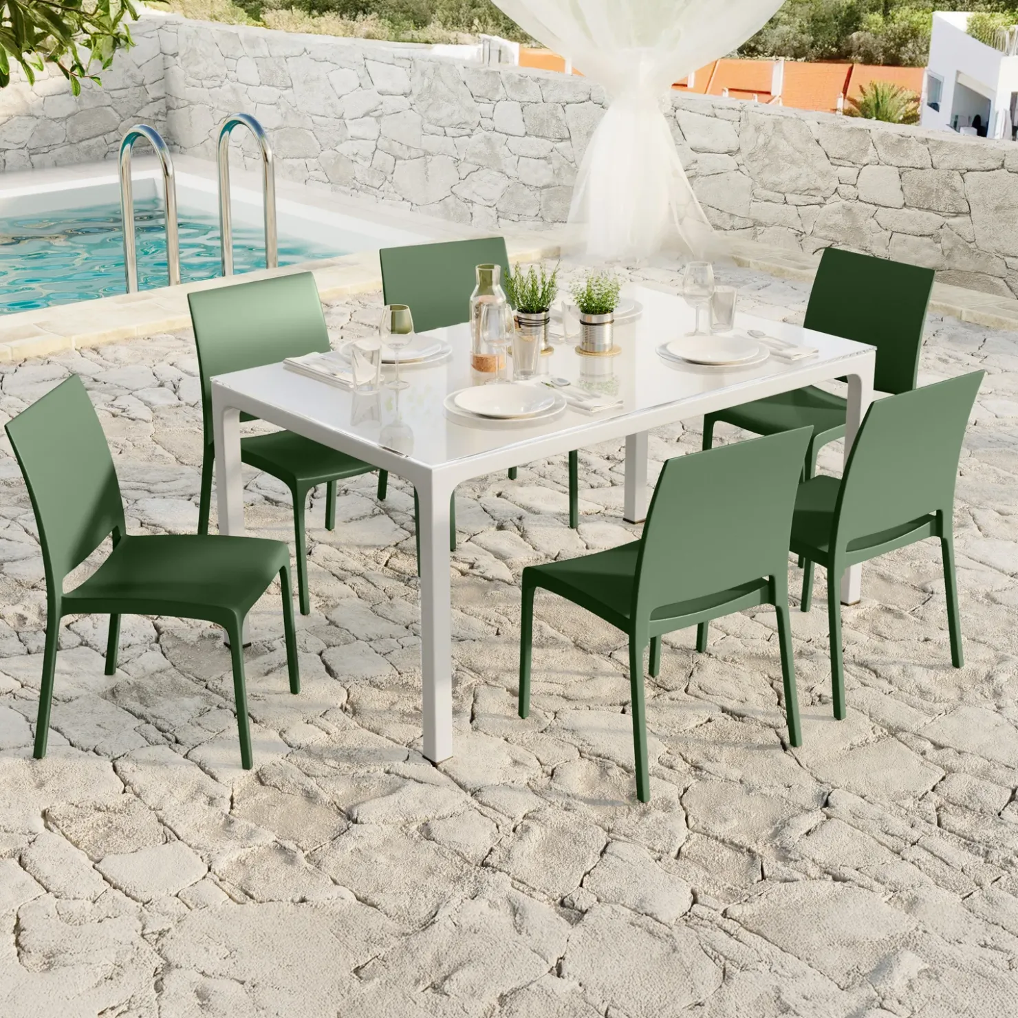 Garnero Arredamenti Set tavolo da giardino esterno dehors con vetro 150x90 cm bianco + 6 sedie verde Ivy Bianco - Verde