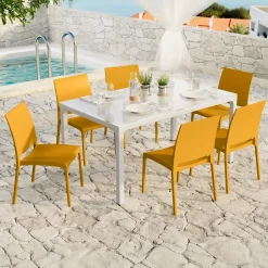 Garnero Arredamenti Set tavolo da giardino esterno dehors con vetro 150x90 cm bianco + 6 sedie giallo senape Ivy Bianco - Senape