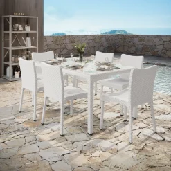 Garnero Arredamenti Set tavolo da giardino esterno bar dehors rettangolare 150x90cm + 6 sedie effetto rattan Conchiglia Bianco