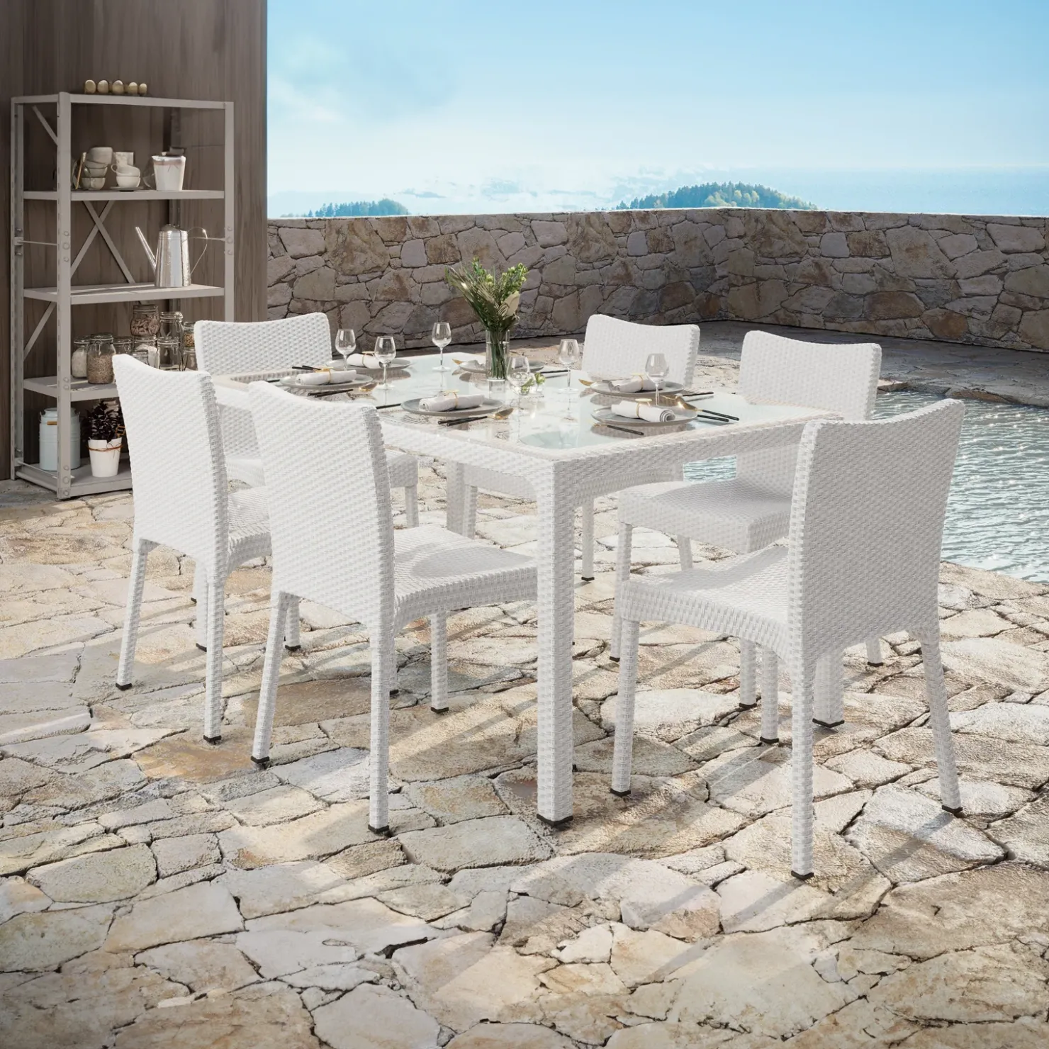 Garnero Arredamenti Set tavolo da giardino esterno bar dehors rettangolare 150x90cm + 6 sedie effetto rattan Conchiglia Bianco