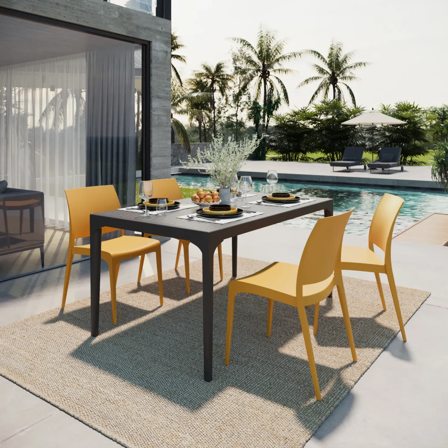 Garnero Arredamenti Set tavolo da giardino esterno dehors 150x90 cm antracite + 4 sedie giallo senape Coral Antracite - Giallo