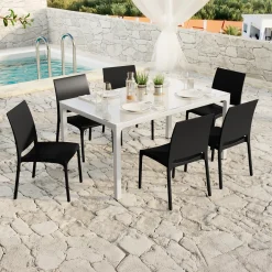 Garnero Arredamenti Set tavolo da giardino esterno dehors con vetro 150x90 cm bianco + 6 sedie nero Ivy Bianco - Nero New