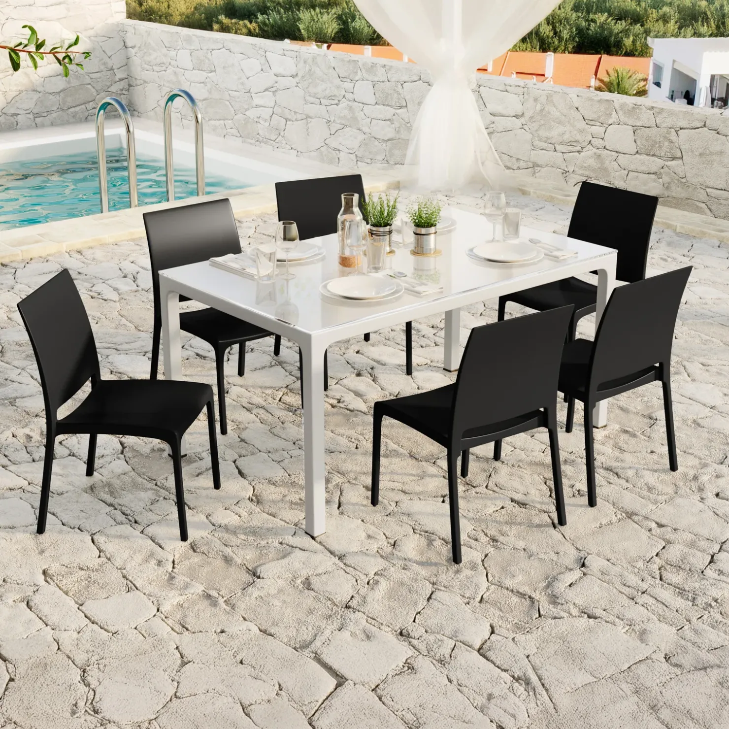Garnero Arredamenti Set tavolo da giardino esterno dehors con vetro 150x90 cm bianco + 6 sedie nero Ivy Bianco - Nero New