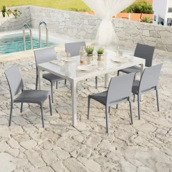 Garnero Arredamenti Set tavolo da giardino esterno dehors con vetro 150x90 cm bianco + 6 sedie grigio Ivy Bianco - Grigio Sale