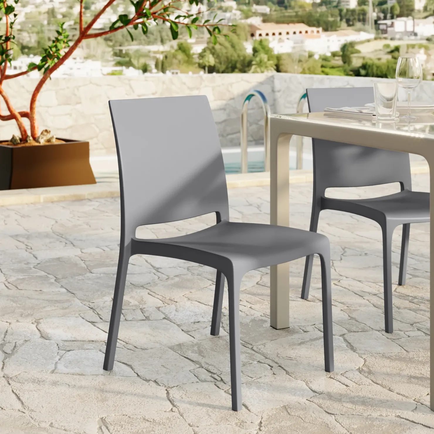 Garnero Arredamenti Set tavolo da giardino esterno dehors con vetro 150x90 cm bianco + 6 sedie grigio Ivy Bianco - Grigio Sale