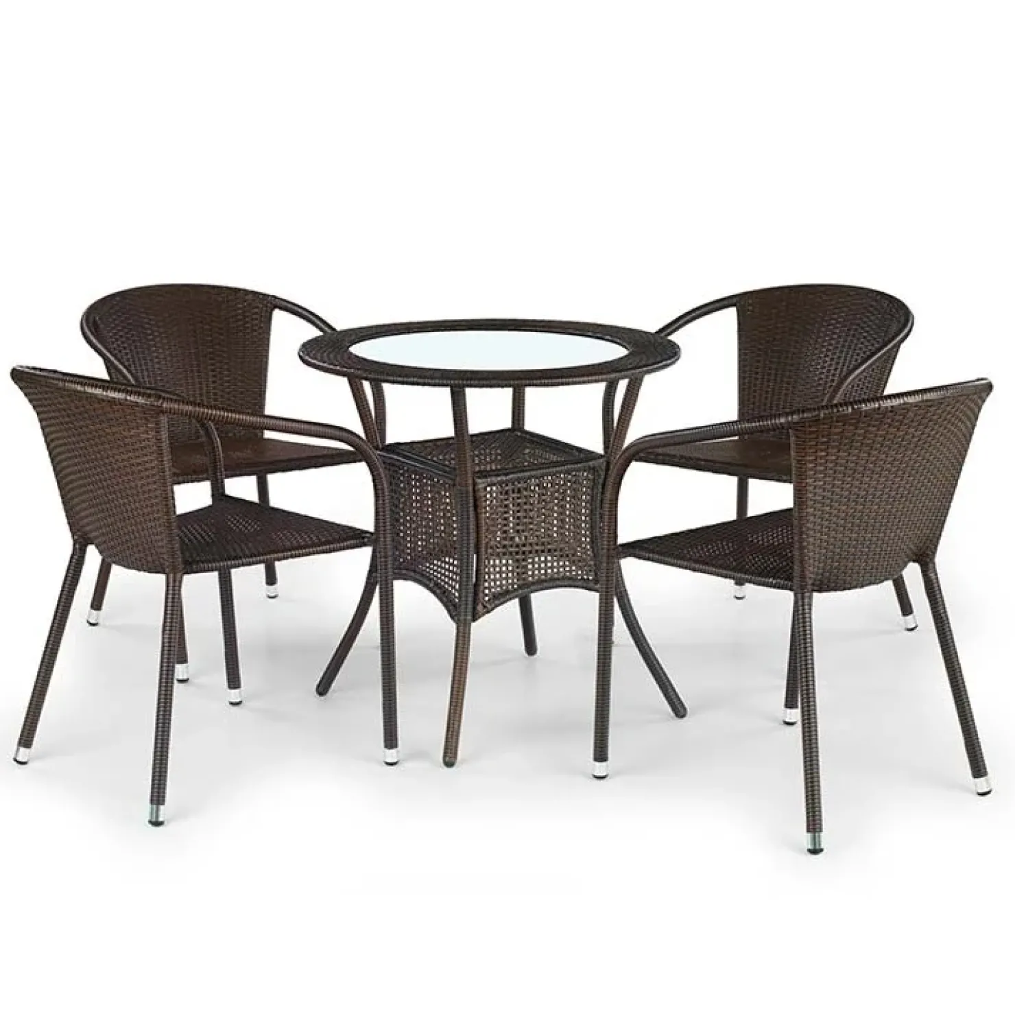 Garnero Arredamenti Set tavolo in vetro 74x74cm + 4 sedie da giardino in rattan marrone Cubby New